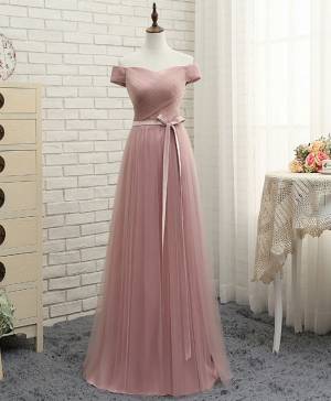 Off-the-shoulder A-line Long Pink Tulle Prom Evening Dress