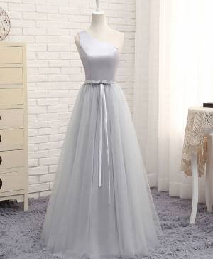 Tulle One Shoulder A-line Long Prom Evening Dress