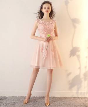 Pink Tulle Lace Round Neck Short/Mini Prom Homecoming Dress