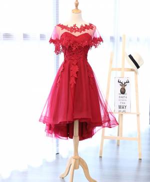 Red Lace Tulle Round Neck Short/Mini Prom Dress