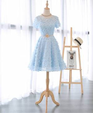 Blue Lace Short/Mini Cute Prom Homecoming Dress