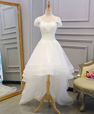 High Low White Lace Tulle Long Wedding Dress