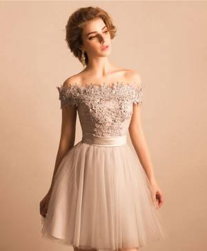 Gray Lace Off-the-shoulder Short/Mini Cute Prom Homecoming Dress