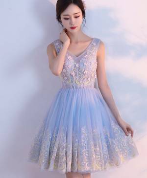 Blue Tulle V-neck Short/Mini Cute Prom Homecoming Dress