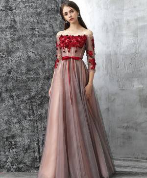 Off Shoulder Red Lace Tulle With Applique Unique Long Prom Evening Dress
