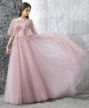 Elegant Long Pink Lace Tulle Prom Evening Dress
