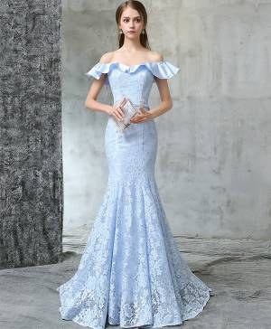 Mermaid Off Shoulder Blue Lace Long Prom Evening Dress