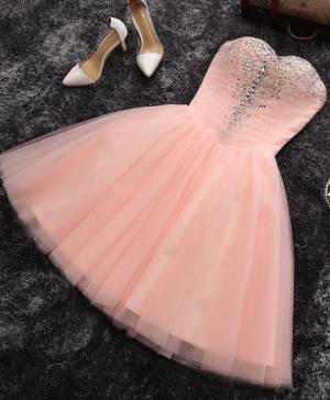 A-line Sweetheart Short/Mini Pink Prom Homecoming Dress With Beading