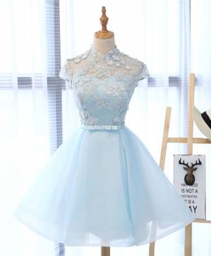 Vintage Blue Short/Mini Prom Homecoming Dress With Lace Applique