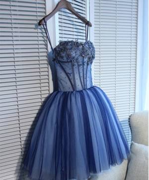 Charming Blue Lace Tulle A-line Short/Mini Prom Homecoming Dress