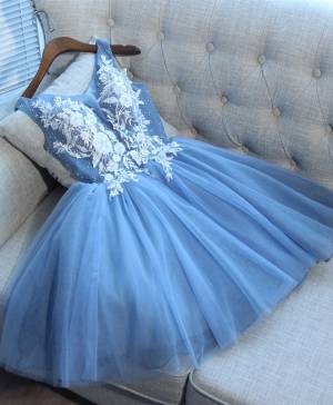 Cute Straps Blue Tulle Lace Prom Cocktail Dress