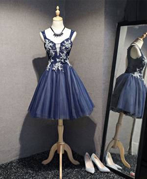A Line Dark Blue Tulle Short/Mini Prom Dress