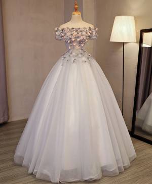 Gray Tulle Ball Gown With Applique Long Prom Evening Dress