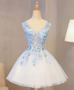 Blue Lace With Applique Short/Mini Cute Prom Homecoming Dress