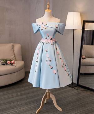 Off Shoulder Blue Short/Mini Cute Homecoming Dress