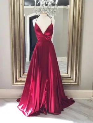 Simple A Line Red V Neck Stain Prom Dresses