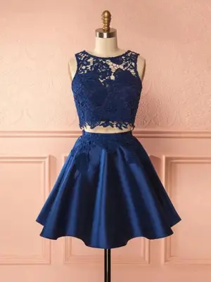 A Line Two Piece Round Neck Dark Blue Lace Homecoming Dresses