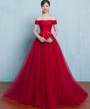 Red Tulle A-line Ball Gown Long Prom Evening Dress