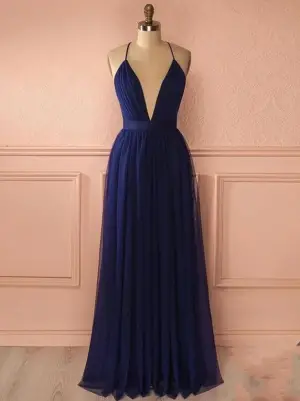 A Line V Neck Chiffon Backless Blue Prom Dresses