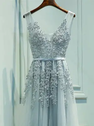 Floor Length A Line Gray Tulle Lace Prom Dresses