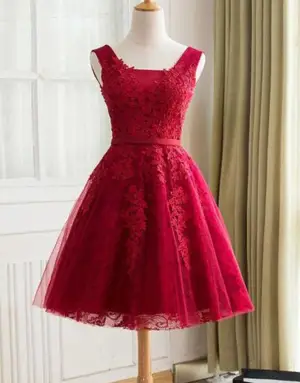 Cute V Neck Short Burgundy Lace Prom Dress