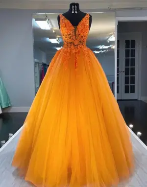 Beautiful A Line V Neck Orange Lace Tulle Prom Dresses