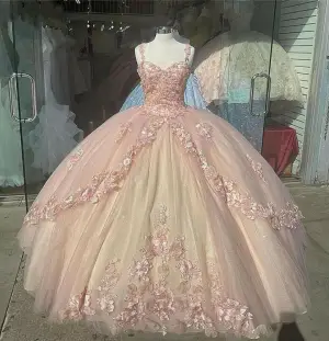 Princess Ball Gown Pink Prom Dresses With Lace Flower