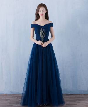 Blue Tulle V-neck A-line Long Prom Evening Dress