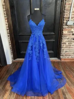 A Line Blue V Neck Lace Prom Dresses