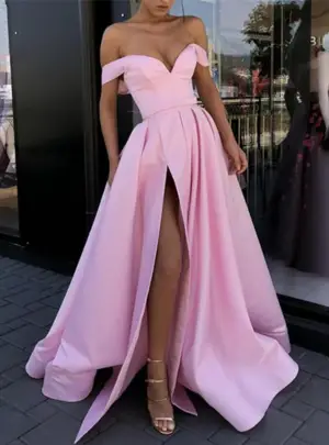 Off Shoulder Pink Long Stain High Slit Prom Dresses