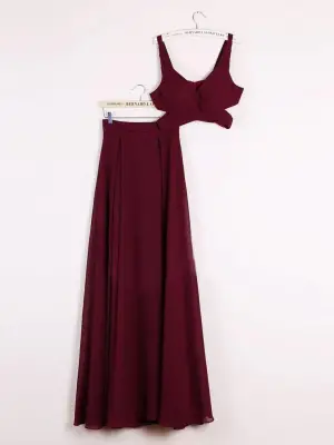 Floor Length A Line Two Pieces Burgundy Chiffon Prom Dress
