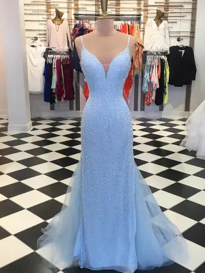 Mermaid Blue V Neck Tulle Prom Dresses