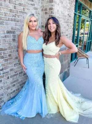 Sexy Two Piece Mermaid Straps Lace Prom Dresses