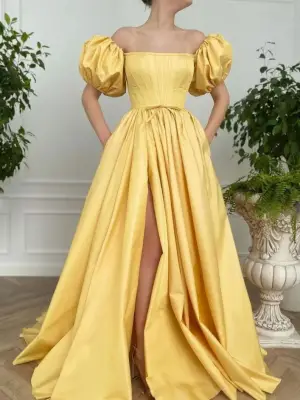 Floor Length Yellow A line Stain Split Prom Gown