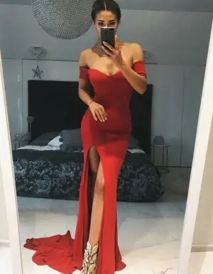 Off Shoulder Mermaid Red Stain Prom Dresses with High Slit
