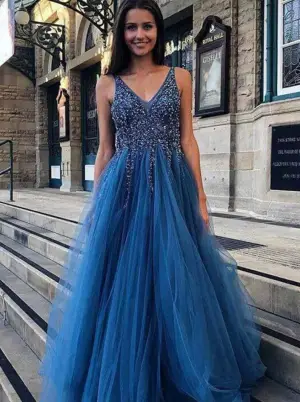 A Line V Neck Backless Blue Tulle Sequin Prom Dresses