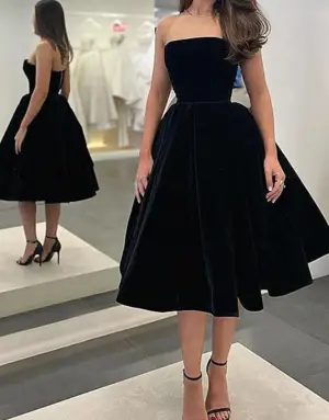 Tea Length Black Velvet Prom Dresses With Lace Up Back