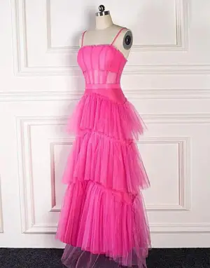 A Line Straps Hot Pink Long Prom Dresses
