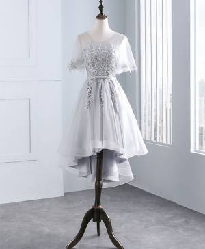 Gray Tulle Lace With Applique Short/Mini Simple Prom Bridesmaid Dress