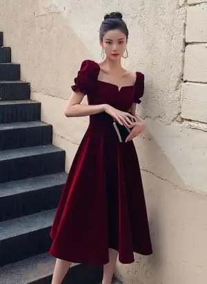 Tea Length Wine Red Velvet Short Prom Dress