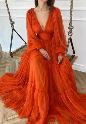 Deep V Neck Orange Chiffon Long Sleeves Prom Dresses