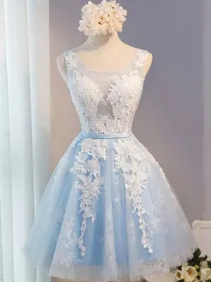 A Line Round Neck Short Tulle Prom Dress with Lace