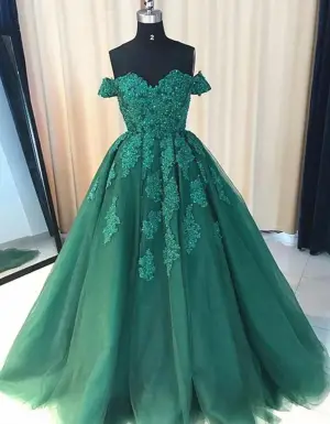 Floor Length Off Shoulder Emerald Green Lace Long Prom Dresses