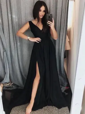 Simple V Neck Black Prom Dresses with Leg Slit