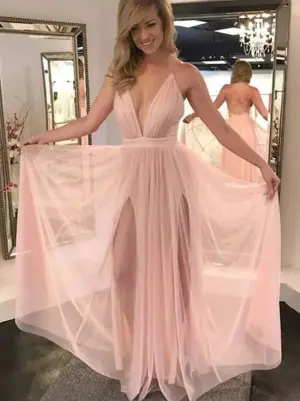 A Line V Neck Pink Backless Formal Dresses