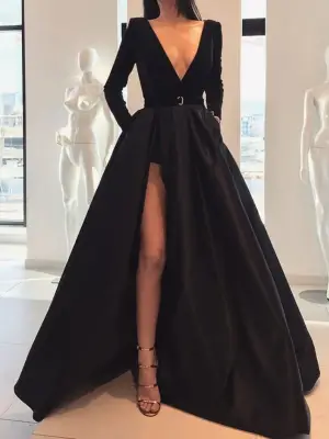 Floor Length Deep V Neck Black Long Sleeves Prom Dresses With Slit