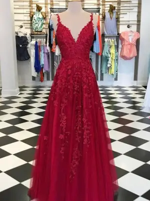 Simple A Line V Neck Burgundy Lace Prom Dresses