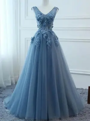 A Line V Neck Blue Open Back Lace Prom Dress