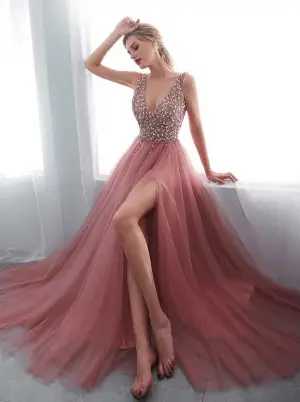 Charming A Line V Neck Pink Tulle Prom Dress with Beading
