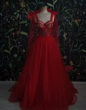 Fashion A Line Red Tulle Evening Gowns